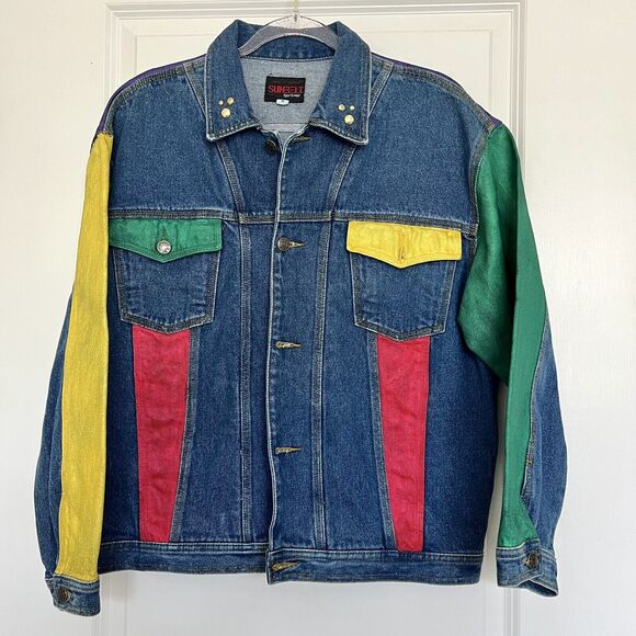 Vintage Sunbelt Painted Color Adult Medium Blue Denim Jean Trucker Jacket 80 90s
